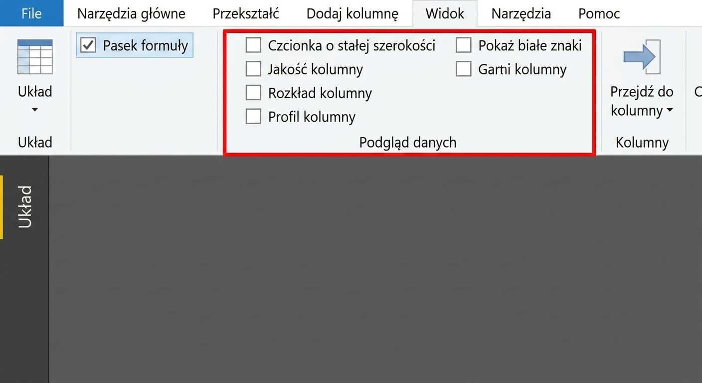 Zrzut ekranu Power Query z zaznaczoną wstążką Widok i wyróżnionymi funkcjami podglądu danych