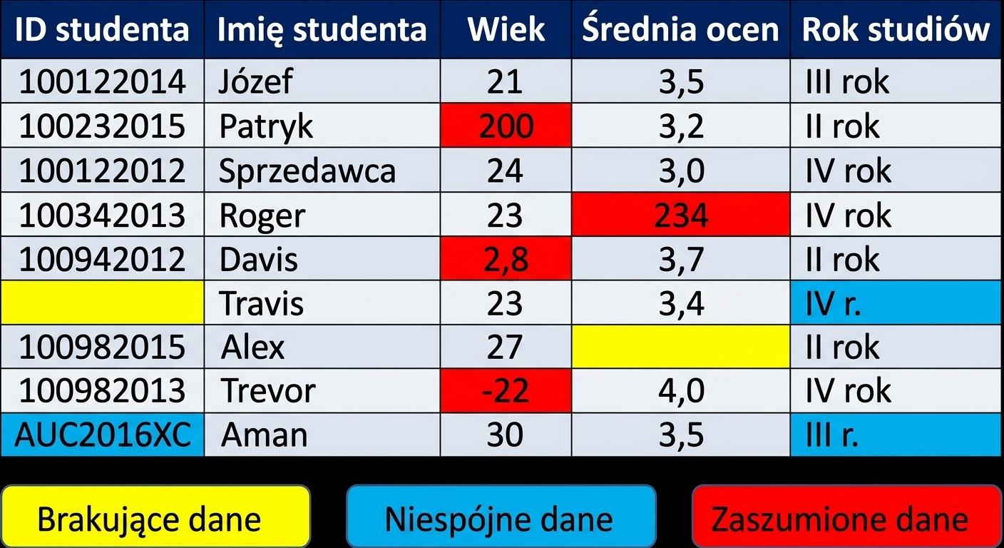Tabela pokazująca przykłady brudnych danych.