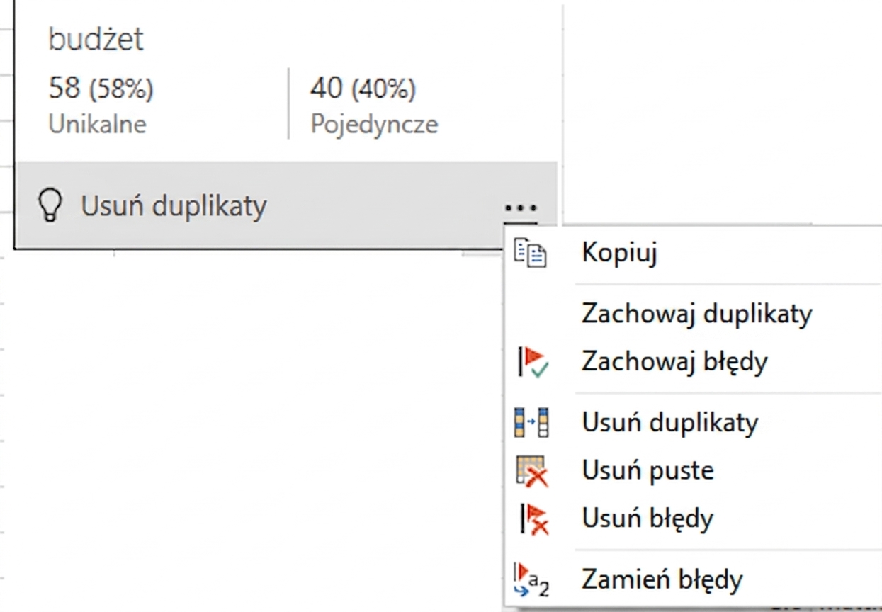 Zrzut ekranu menu kontekstowego wyświetlanego po najechaniu na funkcję jakości kolumny