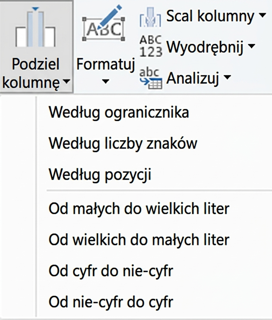 Zrzut ekranu Power Query przedstawiający przekształcenie Podziel kolumnę i jego opcje