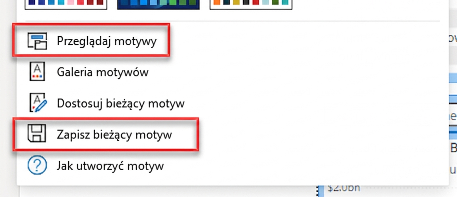 Opcje importu i eksportu motywów niestandardowych.