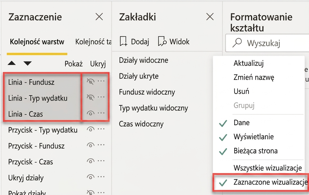 Wybieranie wizualizacji kontrolowanych przez zakładkę