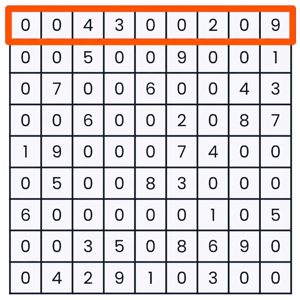 Gra w sudoku z zaznaczonym pierwszym wierszem
