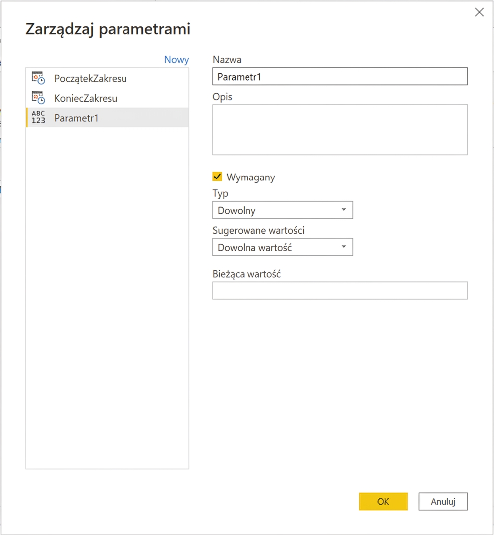Okno konfiguracji parametrów