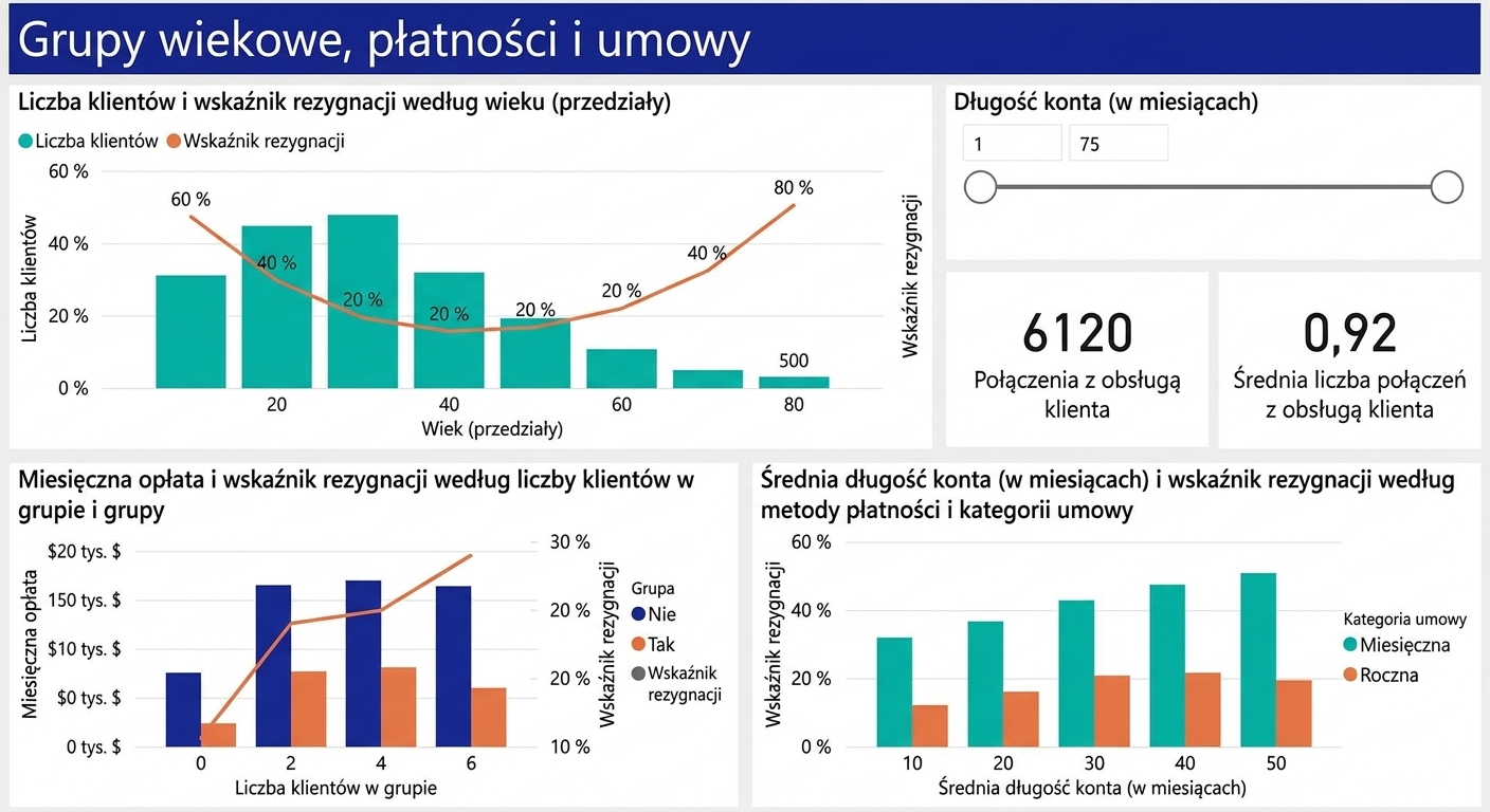 Strona raportu: grupy wiekowe, płatności i umowy