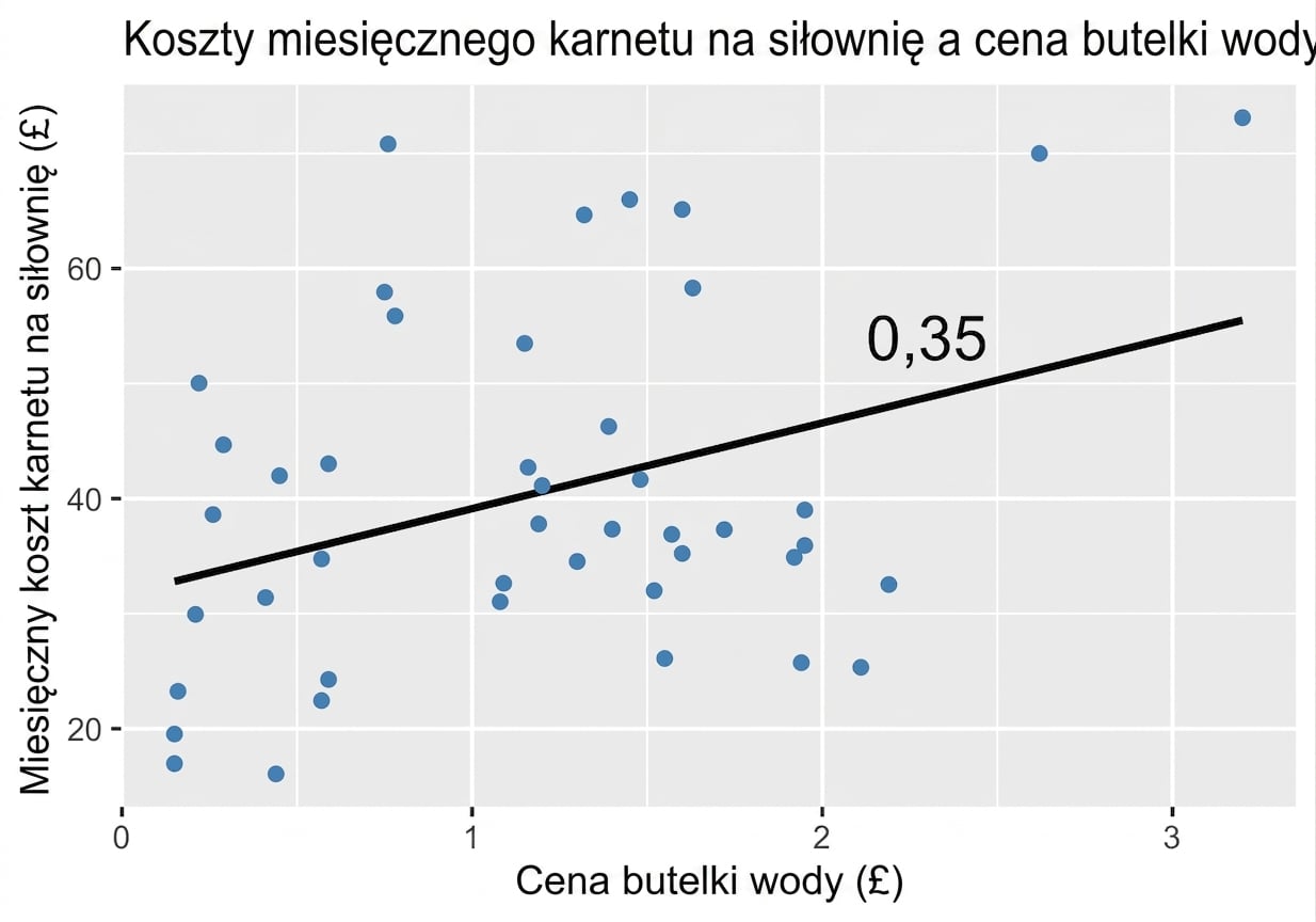 Wykres rozrzutu kosztów siłowni i wody z linią trendu i adnotacją p=0,35.png