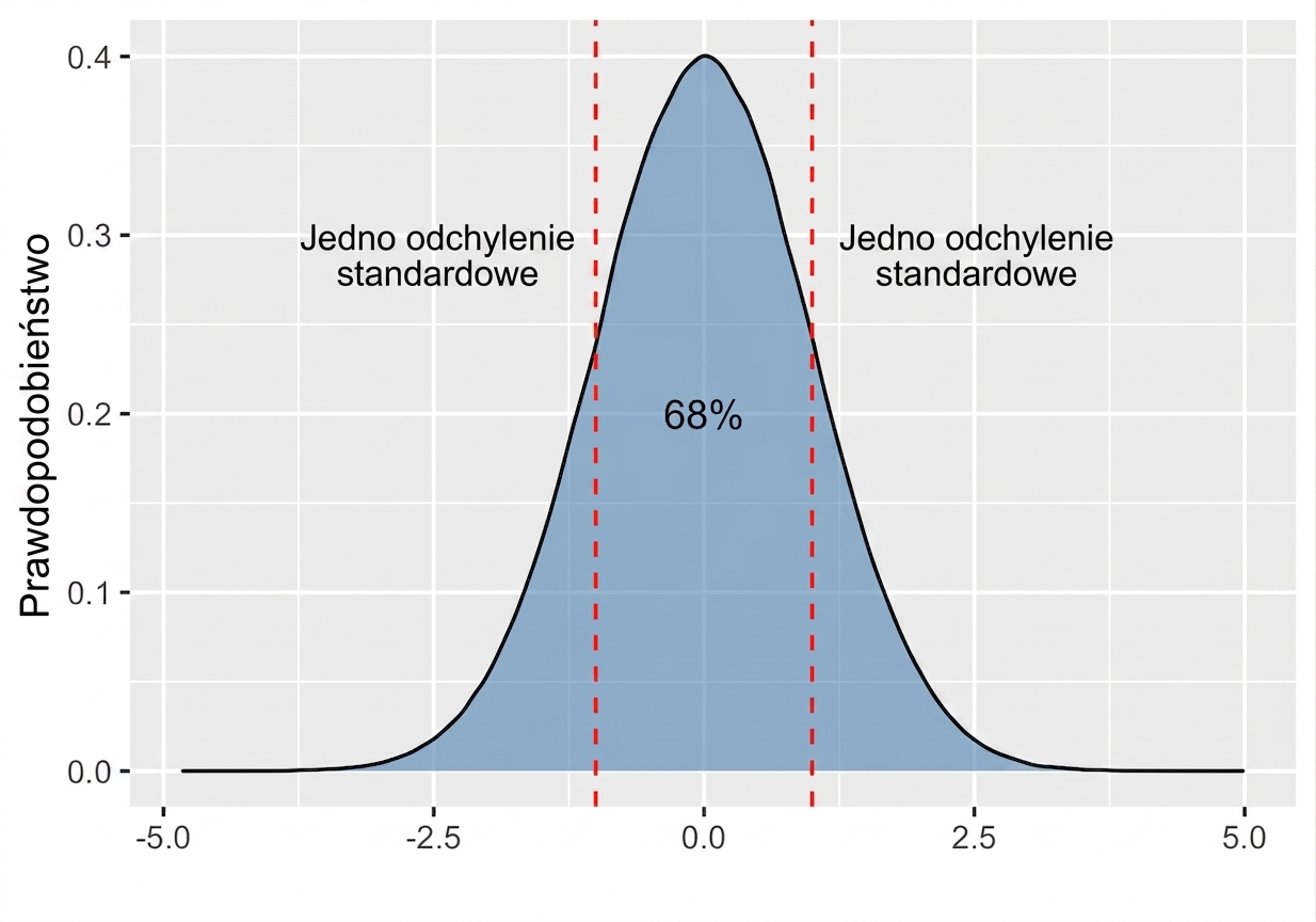 Rozkład normalny z obszarem między plus minus jednym odchyleniem standardowym oznaczonym jako 68 procent.png