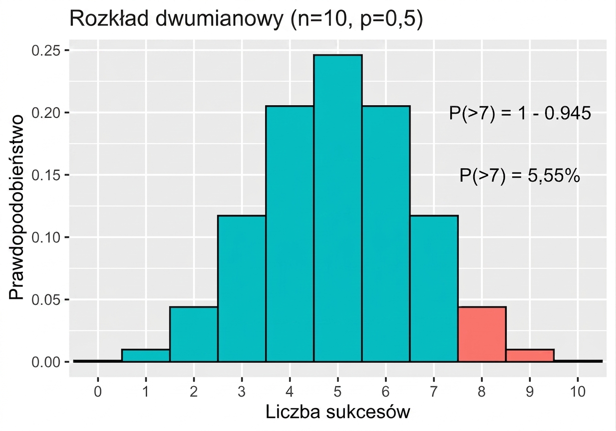 Rozkład normalny z zaznaczonym niebieskim obszarem dla wyników powyżej 7, równym 5,55%.png