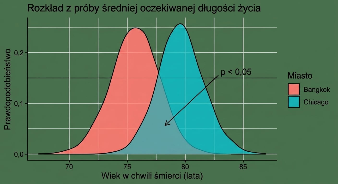 Rozkład próbkowania średniej oczekiwanej długości życia według miasta – dwa rozkłady dzwonowe z zaznaczonym obszarem nakładania się.