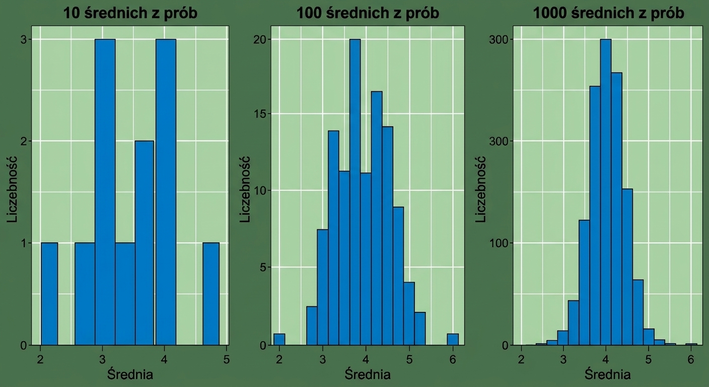 histogramy 10, 100 i 1000 średnich z próby – im więcej średnich, tym bardziej dzwonowaty kształt rozkładu.png