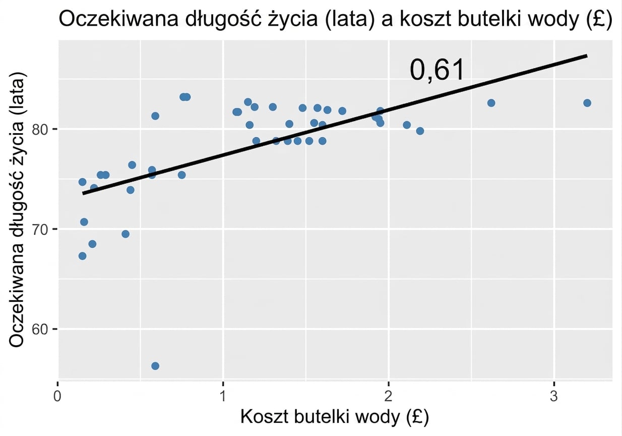 Wykres rozrzutu oczekiwanej długości życia i kosztu butelki wody z linią trendu i p=0,61.png