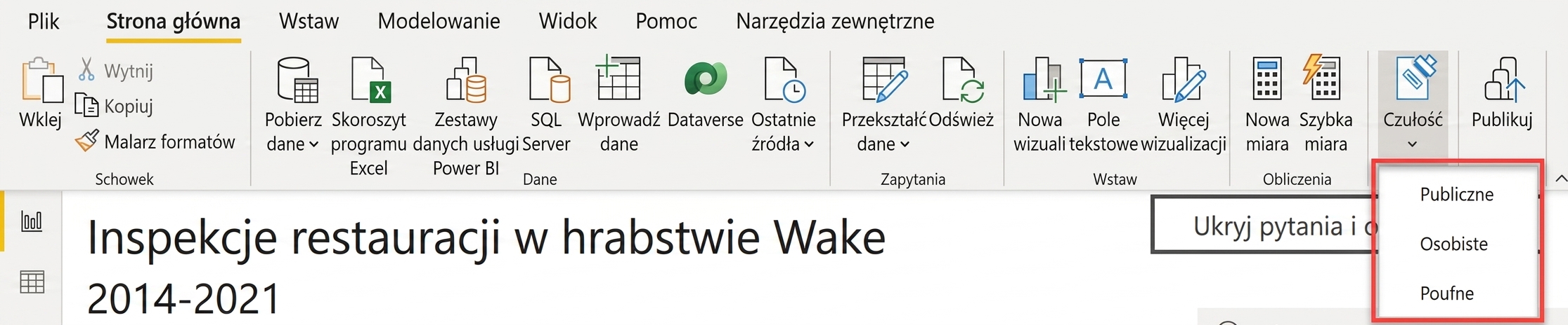 Ustawianie etykiety poufności w Power BI Desktop.