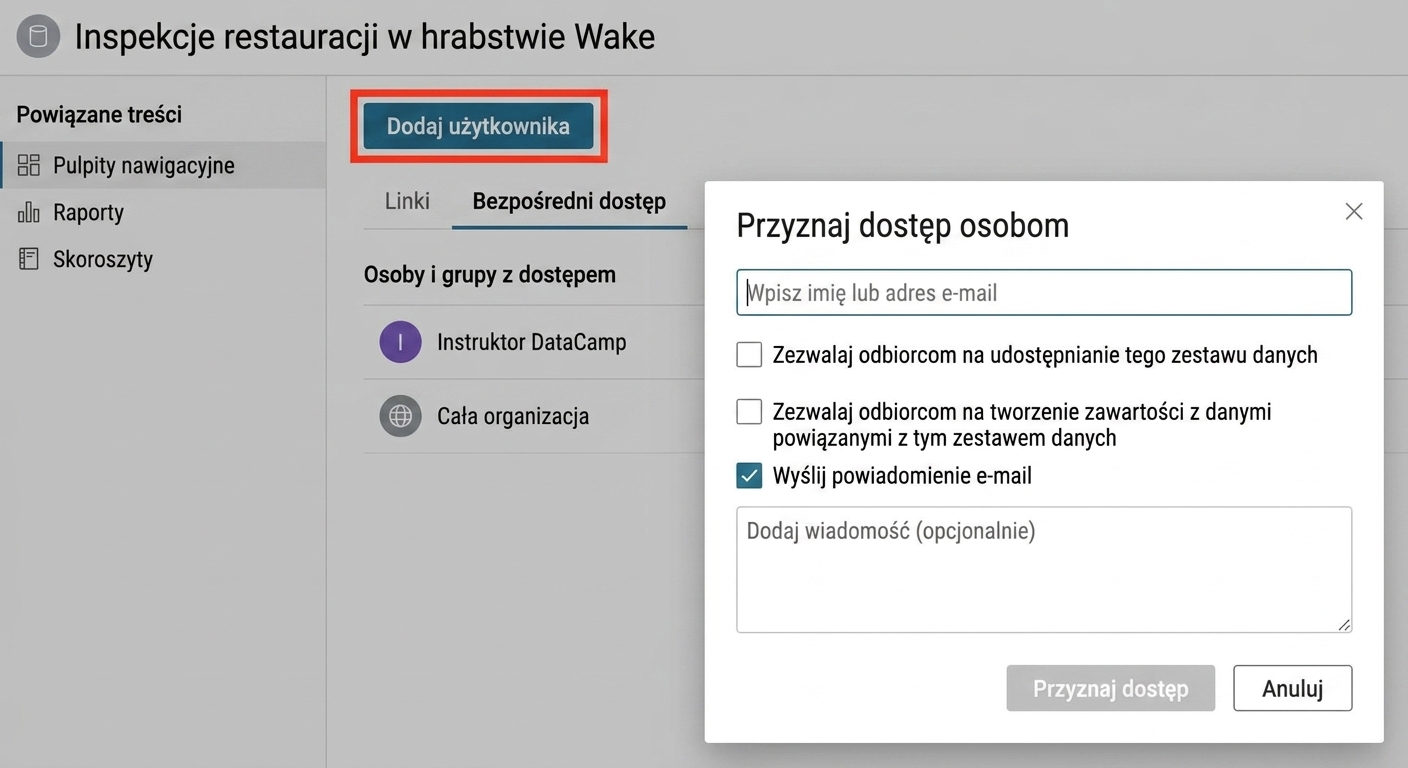 Dodawanie uprawnień do zestawu danych dla użytkownika lub grupy.
