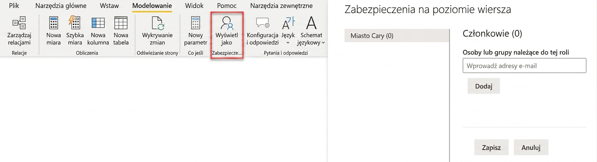 Power BI Desktop umożliwia definiowanie ról w zabezpieczeniach na poziomie wiersza, a usługa Power BI pozwala przypisywać użytkowników i grupy do ról.