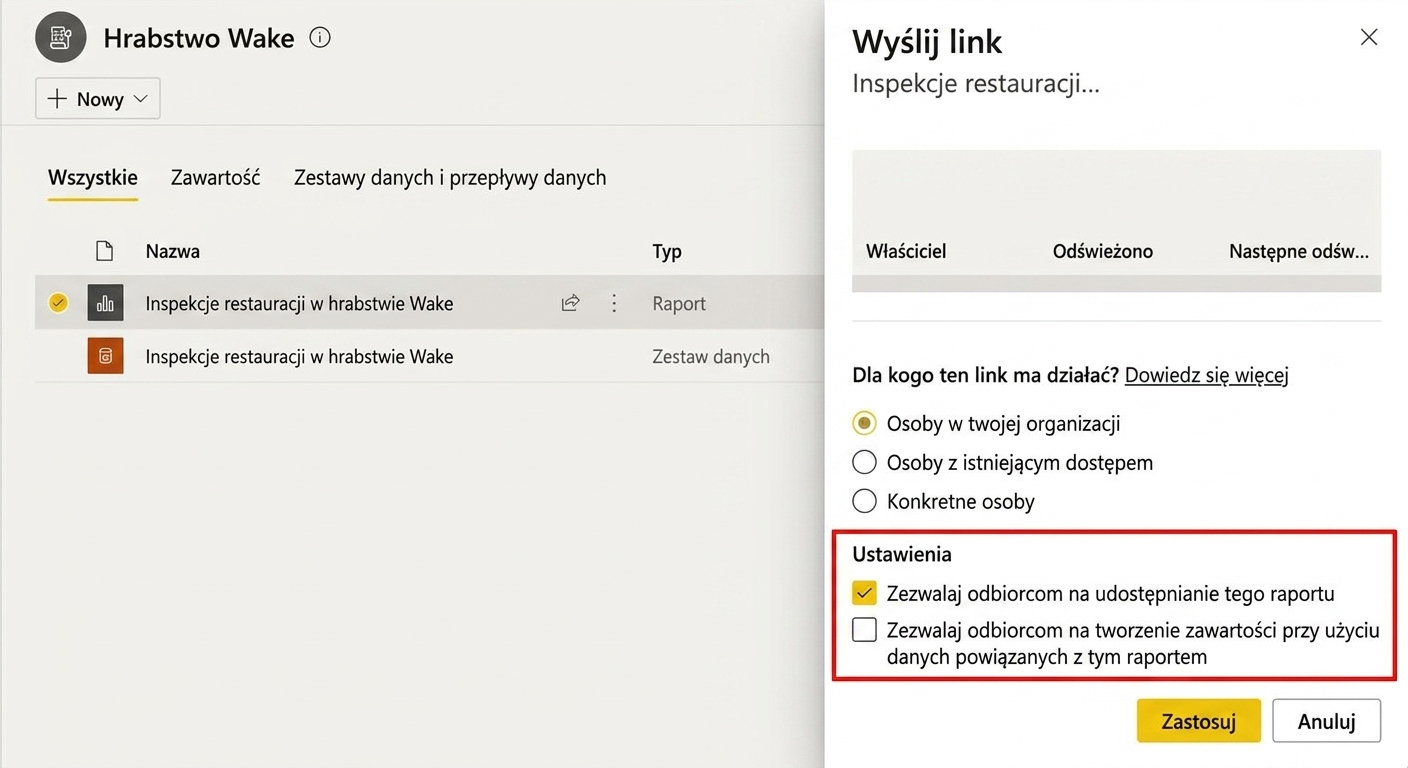 Nadawanie uprawnień użytkownikowi poprzez udostępnienie linku.