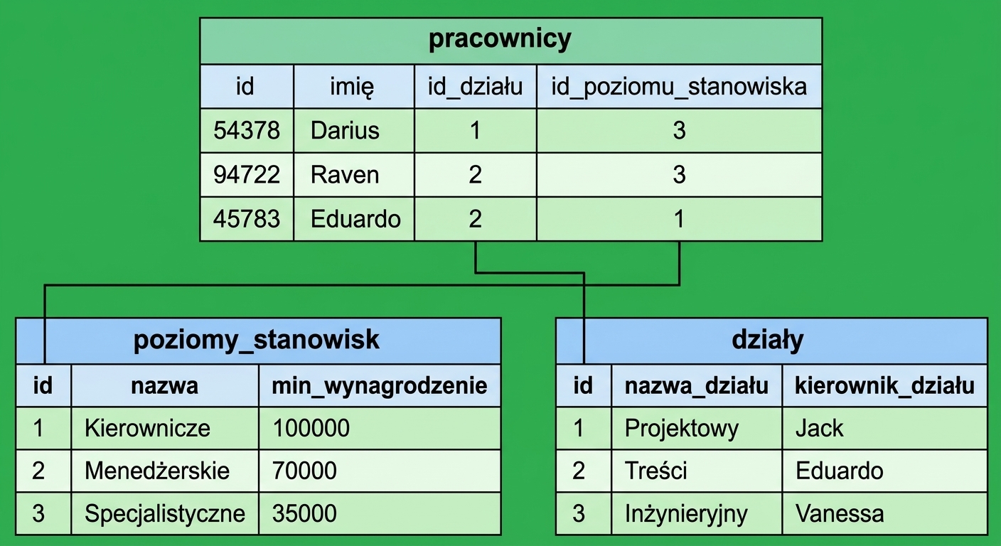 An image showing three tables within a database. One table is called employees and shows a relationship to two other tables, called job_levels and departments.