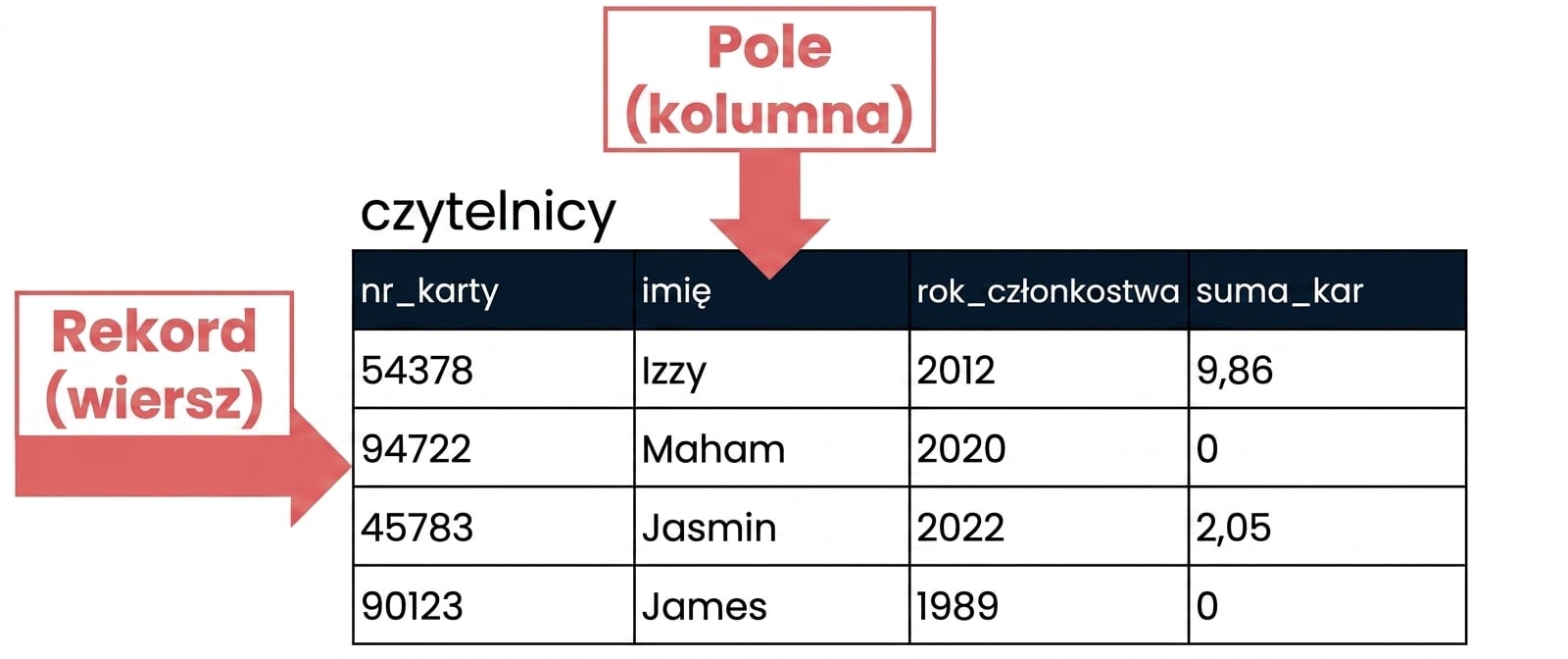 tabela patrons z oznaczonymi rekordami i polami