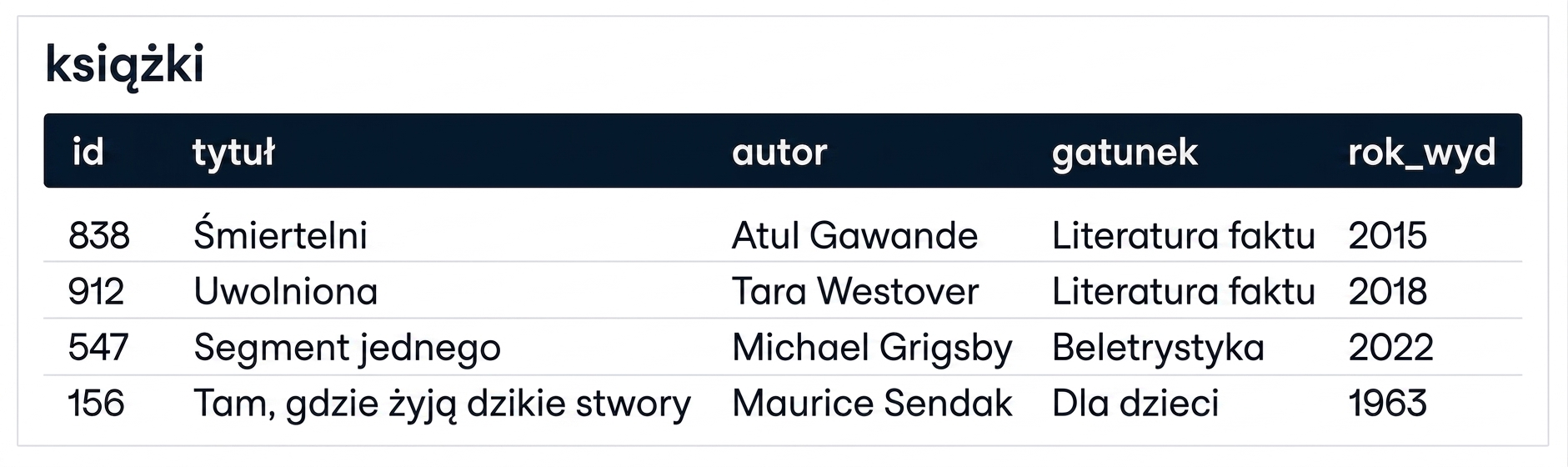 An image showing one table is called books and five columns: id, title, author, genre, pub_year.