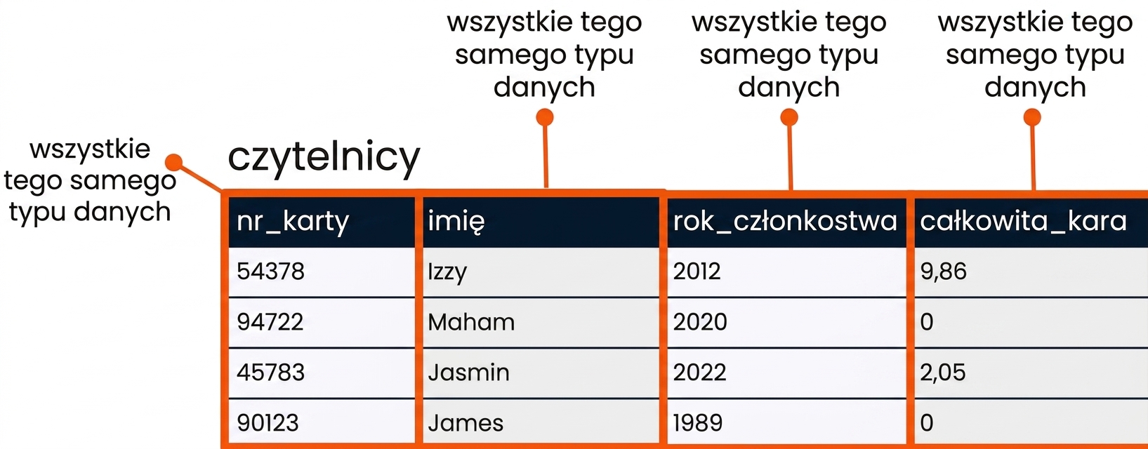 Tabela patrons z wyróżnionymi polami wskazującymi na różne typy danych