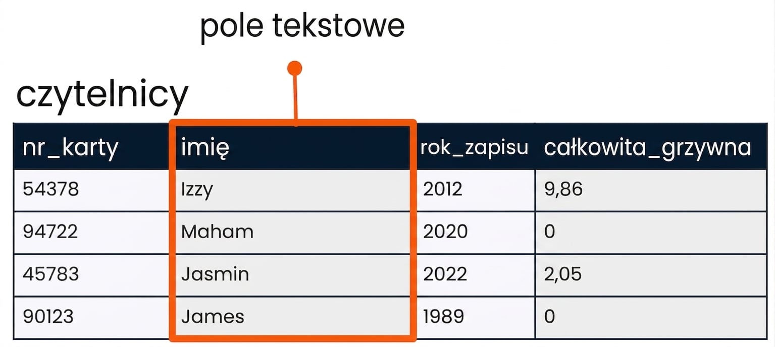 Tabela patrons z wyróżnionym polem name jako przykład pola tekstowego