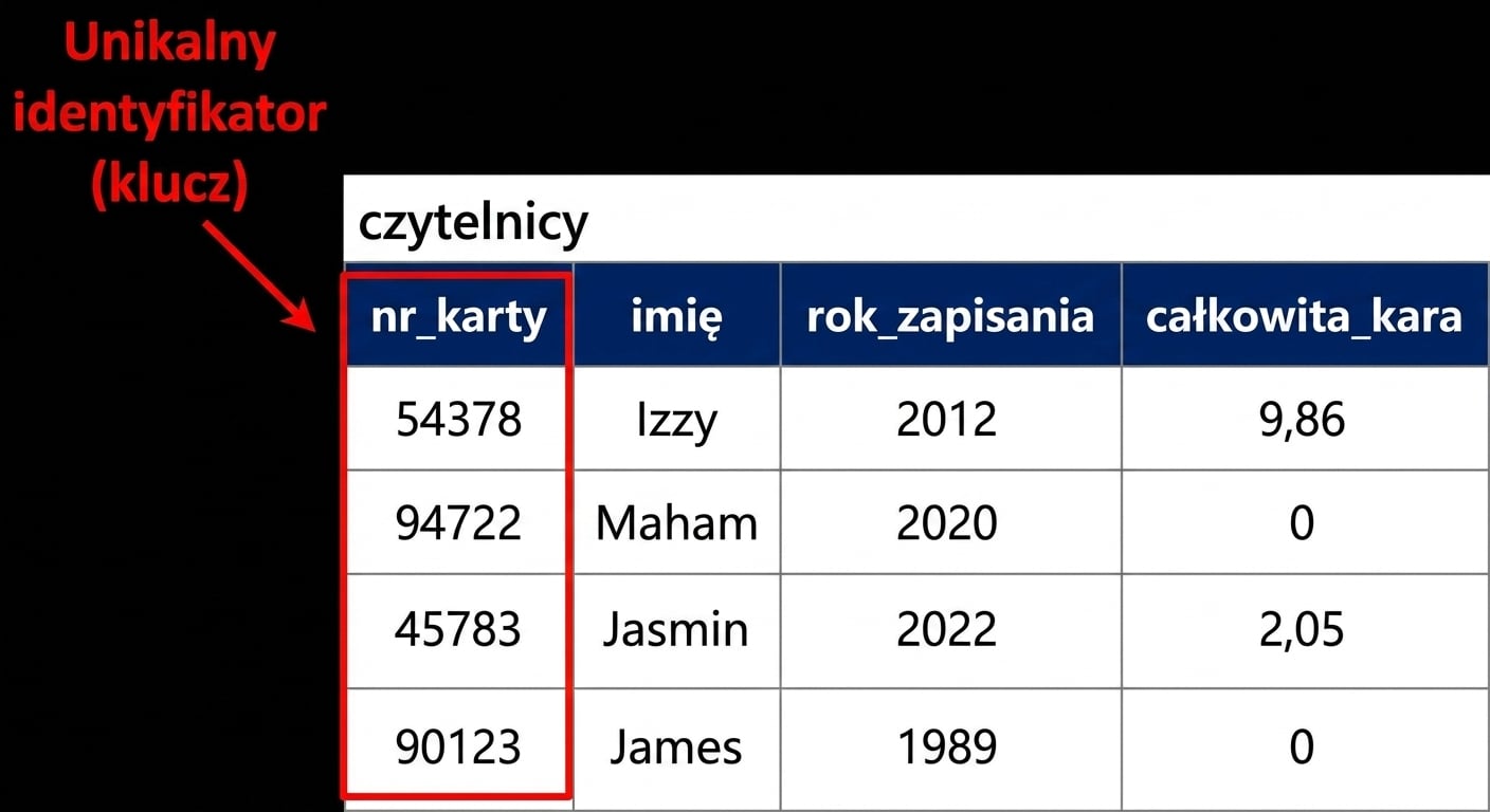 tabela patrons z polem id oznaczonym jako unikatowy identyfikator