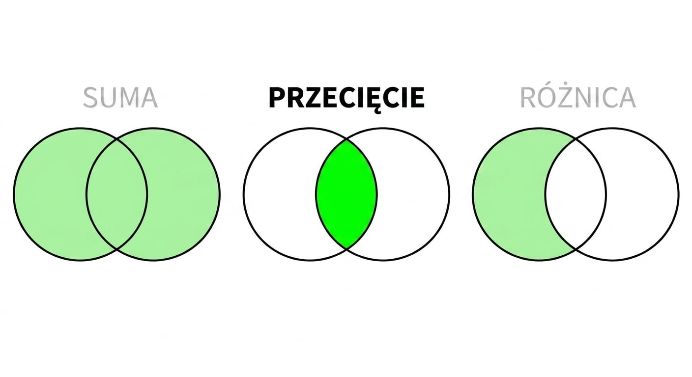 Obraz przedstawiający trzy diagramy Venna, z których dwa są wyszarzone. W centrum uwagi jest tylko diagram INTERSECT — dwa nakładające się okręgi, gdzie część wspólna jest zaznaczona na zielono.