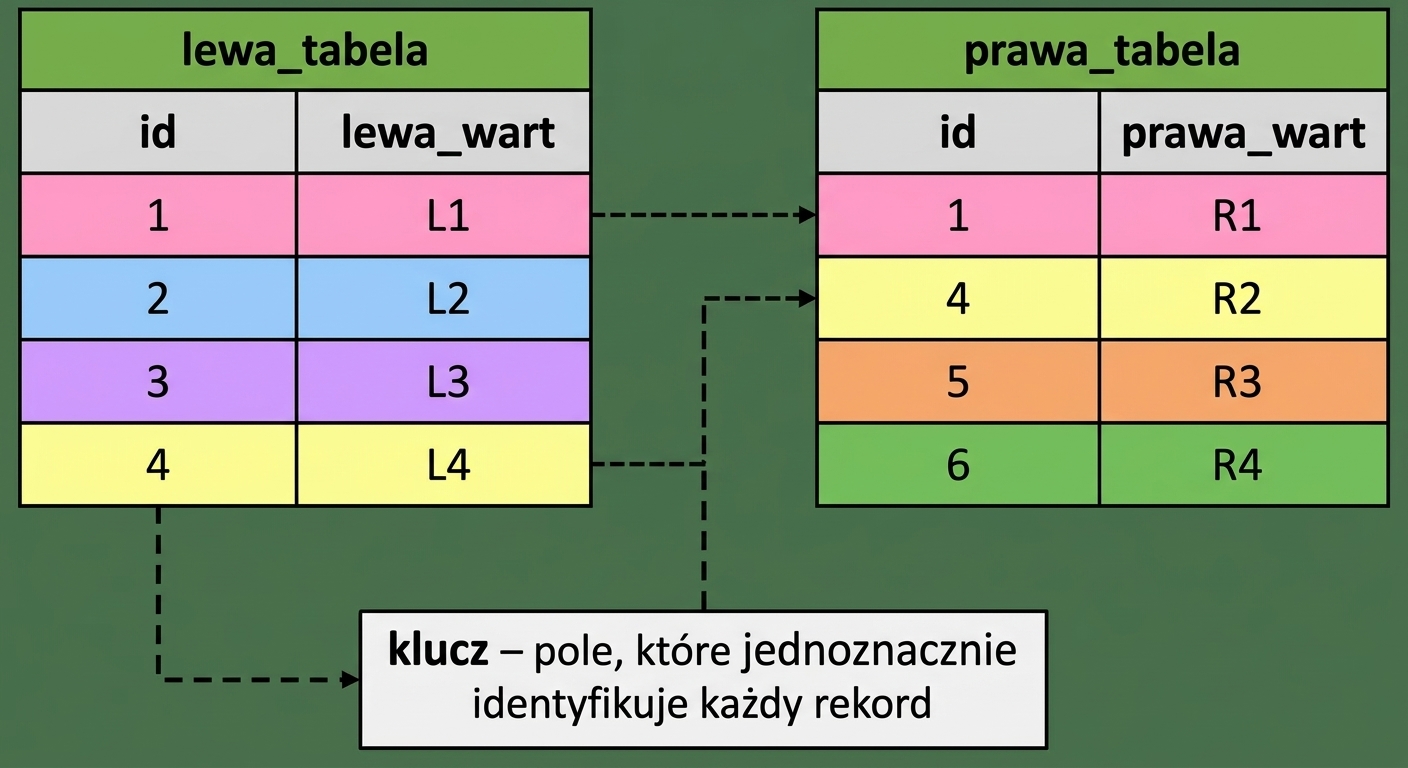 Diagram przedstawiający dwie tabele: left table i right table. Pasujące wartości id są oznaczone tymi samymi kolorami.