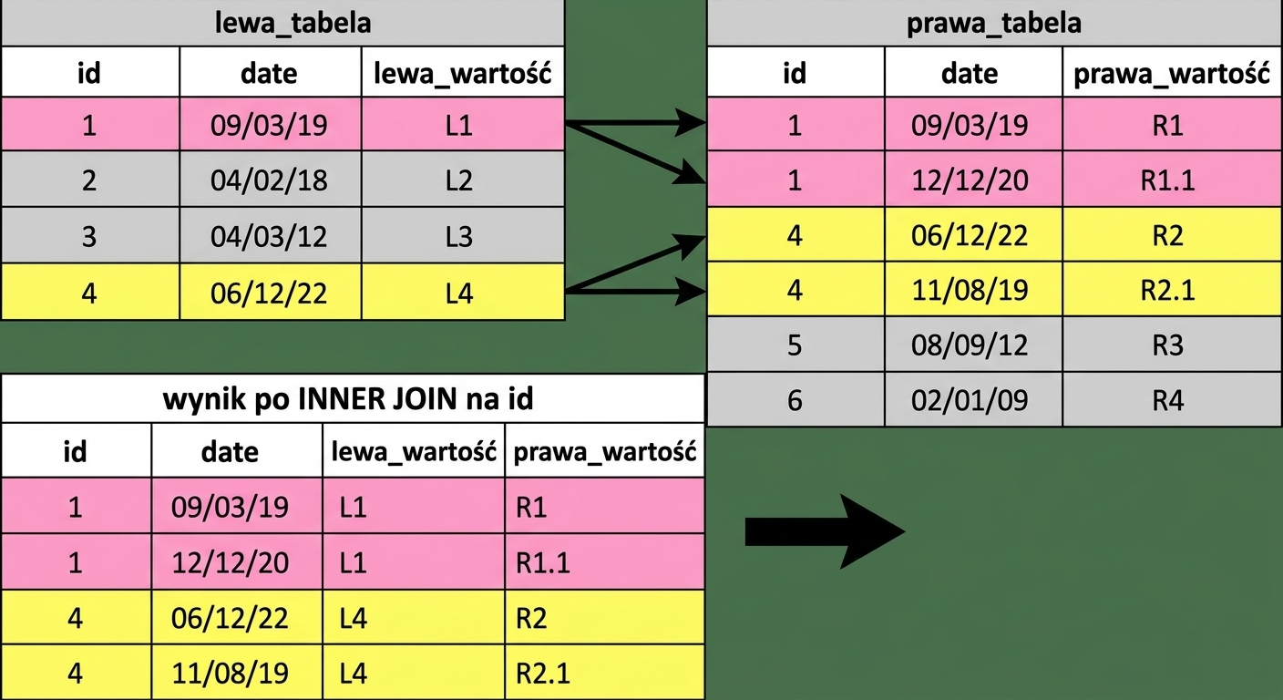 Diagram pokazujący, że przy dopasowaniu na jednej kolumnie rekord z lewej tabeli może mieć wiele dopasowań w prawej tabeli. Wynik zawiera wiele rekordów dla każdego id z prawej tabeli, które pasuje do lewej.