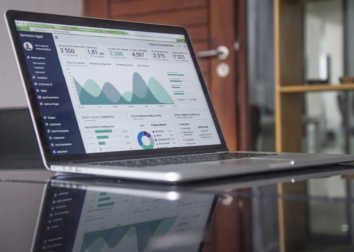 Laptop z pulpitem nawigacyjnym prezentującym KPI i wykresy