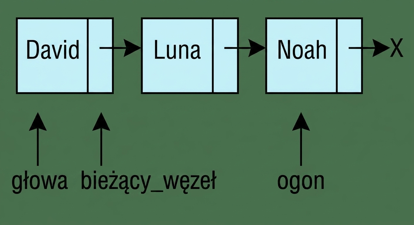 Schematyczne przedstawienie kolejki z trzema elementami. Słowa "head" i "current_node" wskazują pierwszy węzeł, a słowo "tail" ostatni.