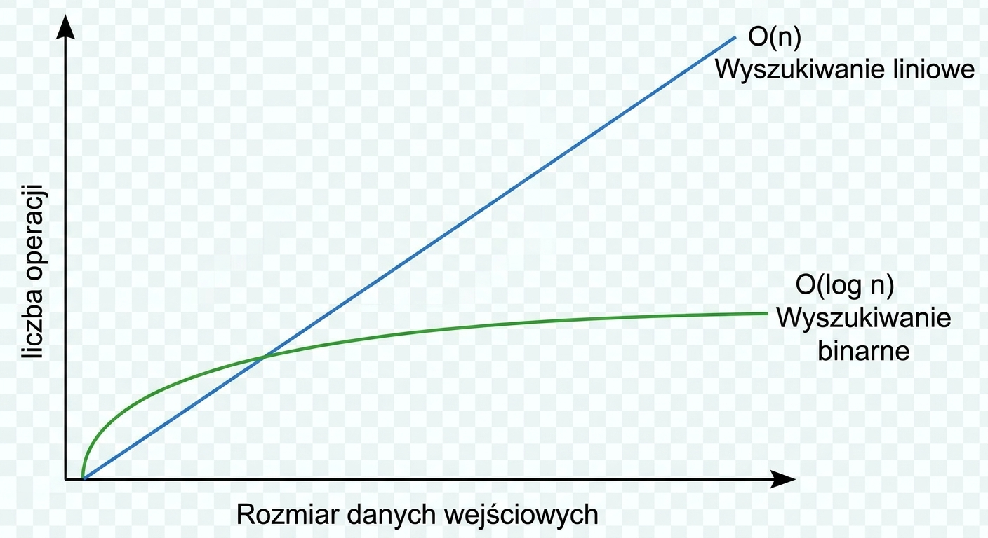 Graficzne porównanie wyszukiwania liniowego i binarnego.