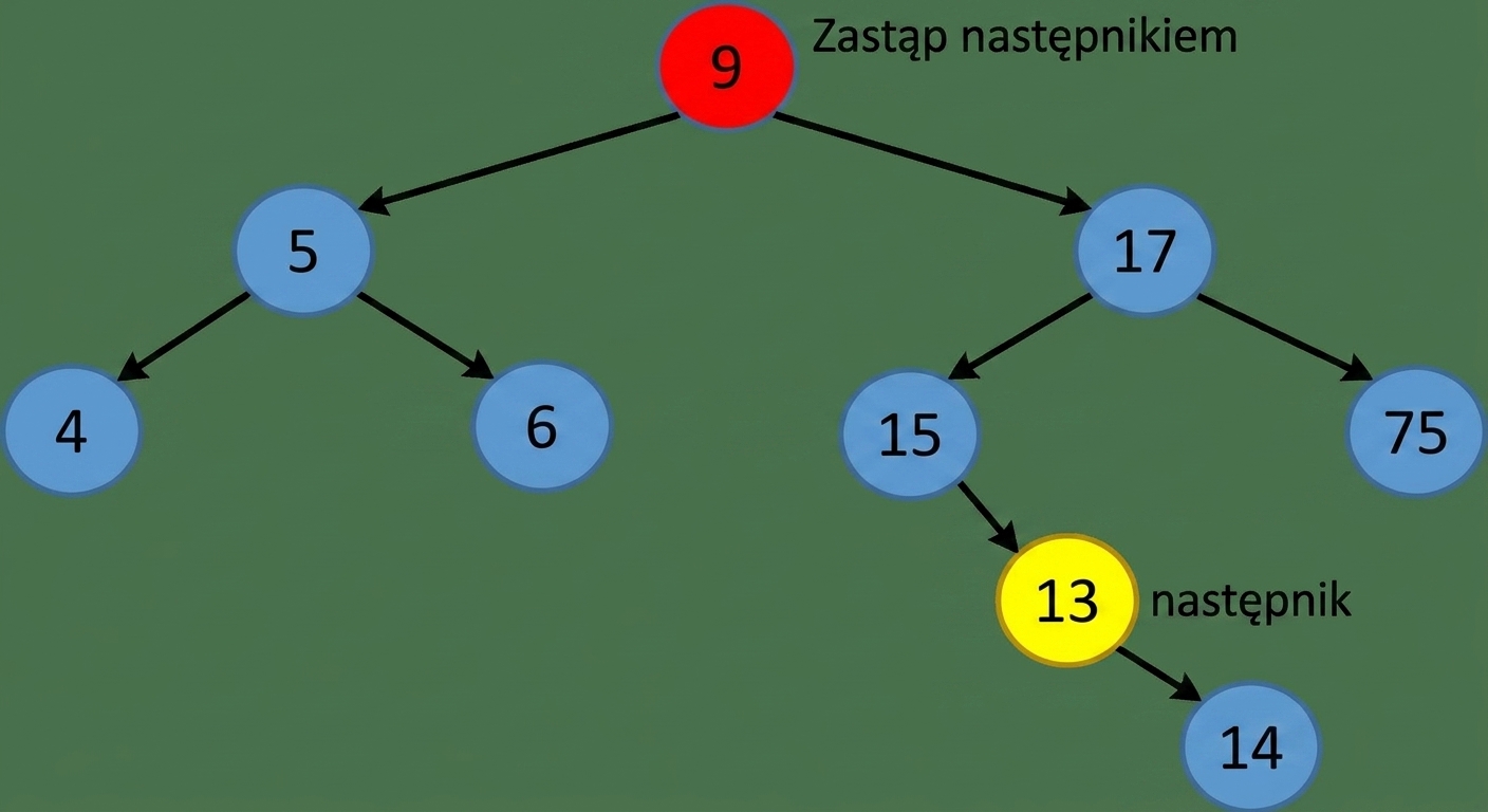 Graficzna reprezentacja binarnego drzewa wyszukiwań, w którym węzeł następnika ma prawe dziecko.