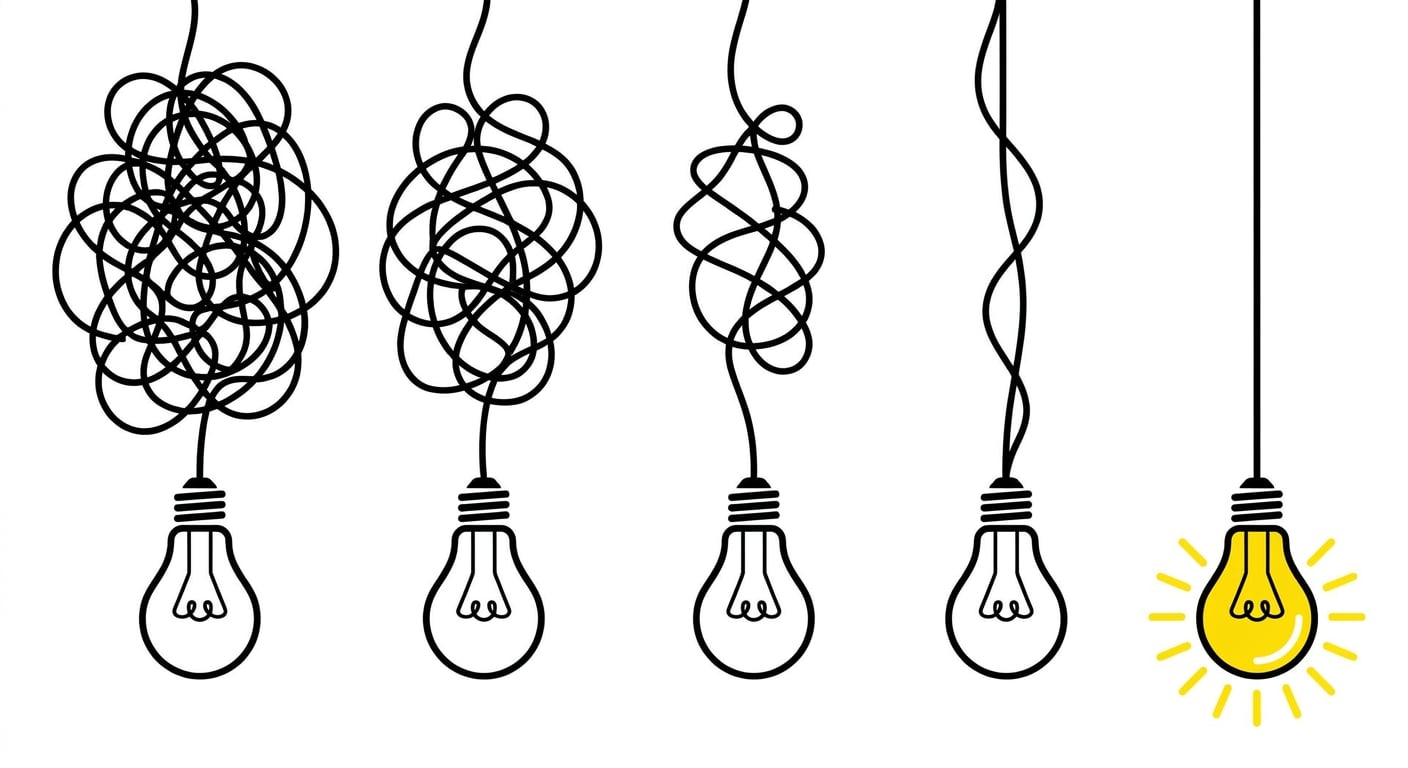 Simplifying the complex, confusion clarity or path vector idea concept with lightbulbs doodle illustration