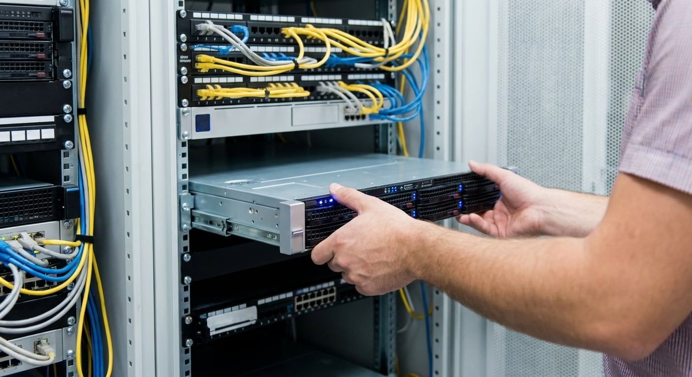 Instalacja nowego serwera w szafie rack z osprzętem komputerowym.