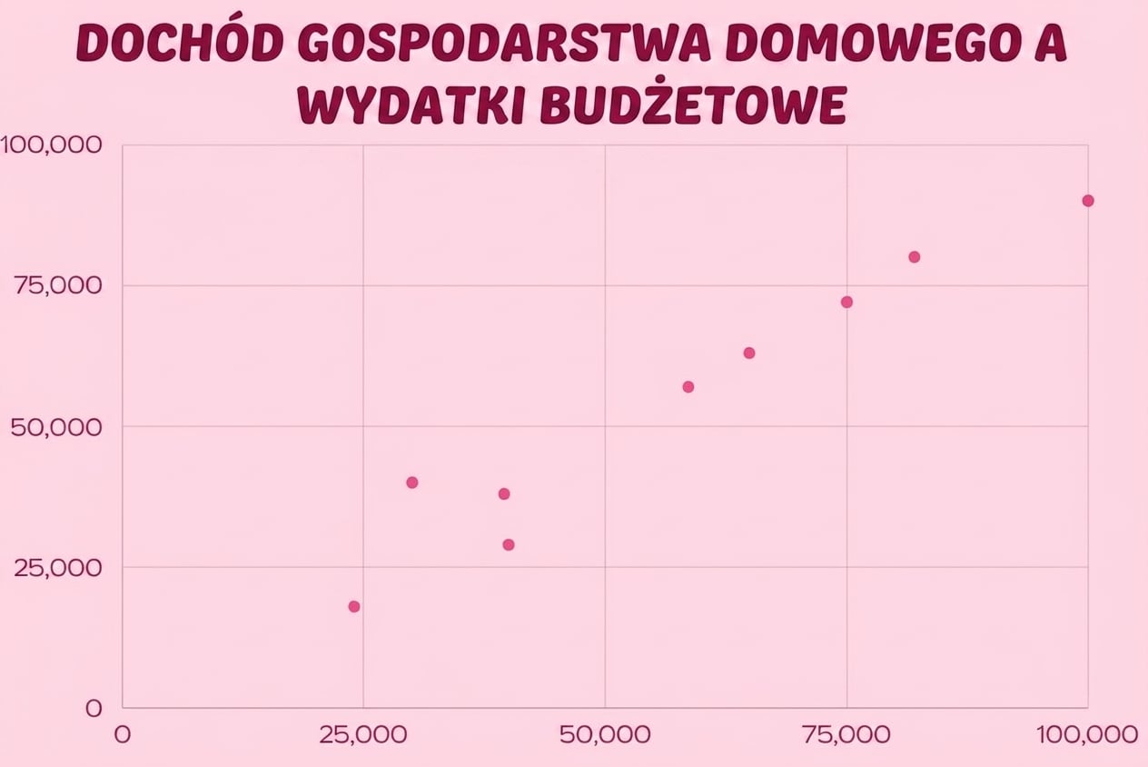 Wykres punktowy przedstawia zależność między spożyciem kofeiny a produktywnością, nanosząc poszczególne wartości na dwie osie