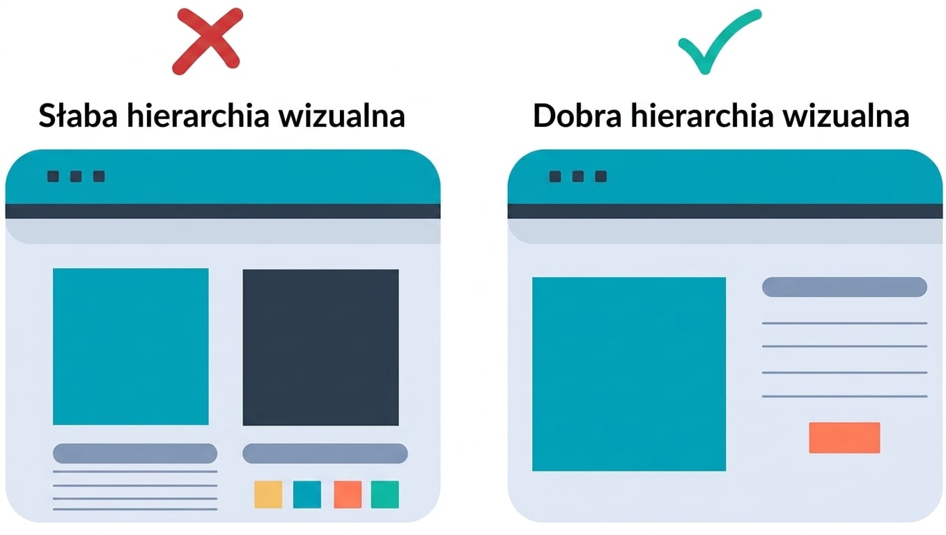 Zła hierarchia wizualna – strona pełna elementów bez względnej ważności; dobra hierarchia – barwa, rozmiar i relacje przestrzenne ułatwiają rozumienie