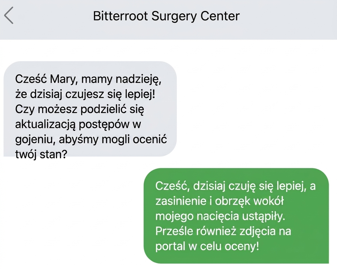 Grafika przedstawiająca rozmowę SMS, która przekazuje tylko niezbędne informacje w przejrzysty sposób