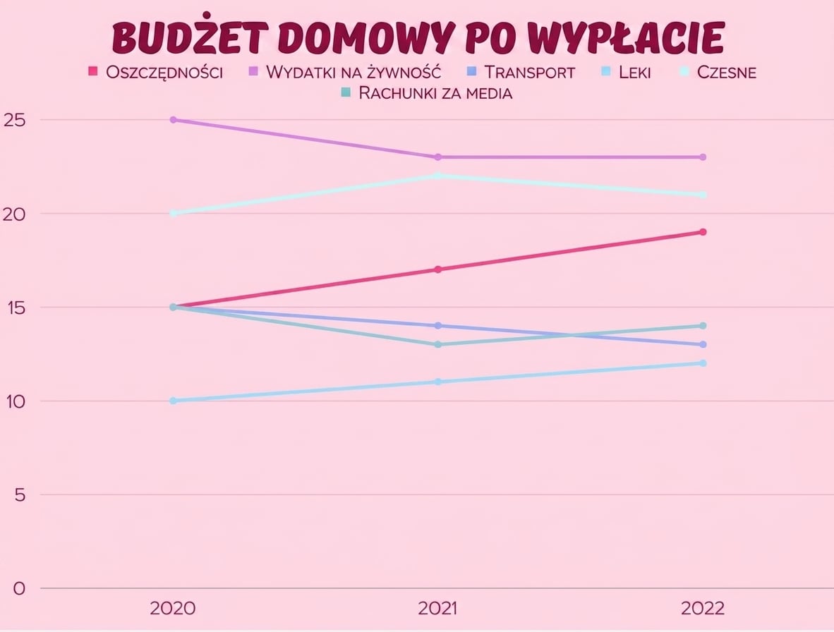 Grafika pokazująca wzrost lub spadek wydatków budżetowych według kategorii w czasie