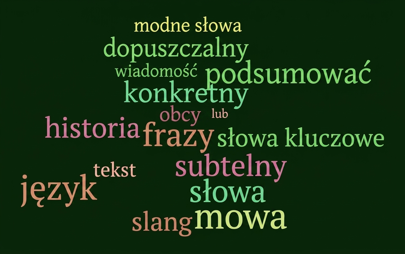 chmura słów przedstawia słowa wypowiedziane przez narratora w różnych kolorach na slajdach