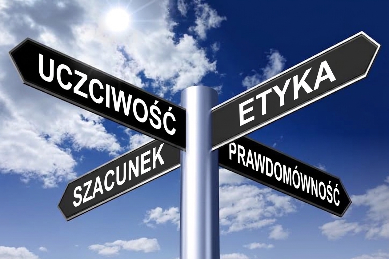 Drogowskaz z czterema znakami: etyka, uczciwość, szacunek, integralność