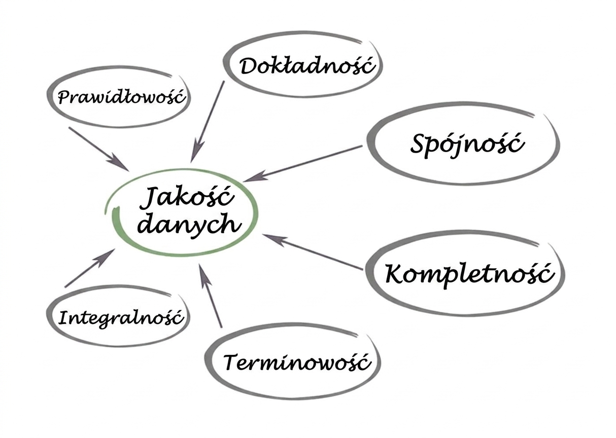 Diagram przedstawiający jakość danych w centrum, z atrybutami: trafność, dokładność, spójność, kompletność, terminowość i integralność