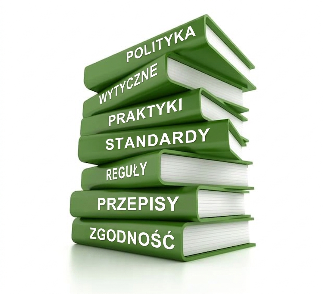 Stos zielonych książek z napisami „policy" i „standards"