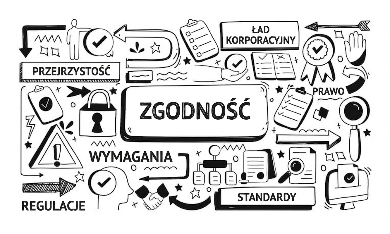 Obraz przedstawiający słowo „compliance" otoczone obiektami i pojęciami takimi jak ład, wymagania i regulacje