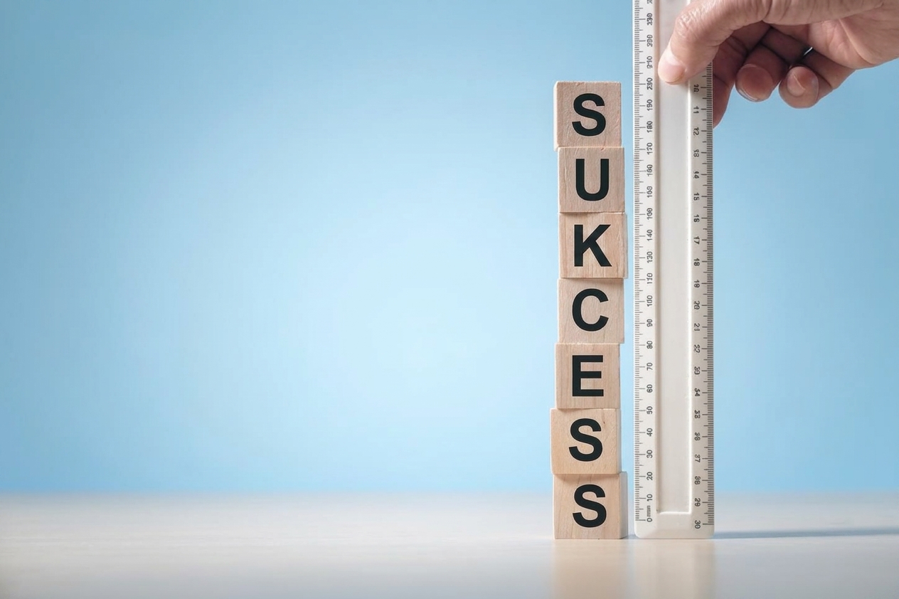 Linijka przyłożona do bloków z napisem „success" ilustrująca pomiar postępów