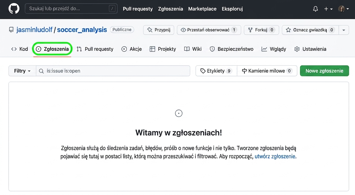 Widok repozytorium analizy piłkarskiej z wyróżnioną zakładką Issues