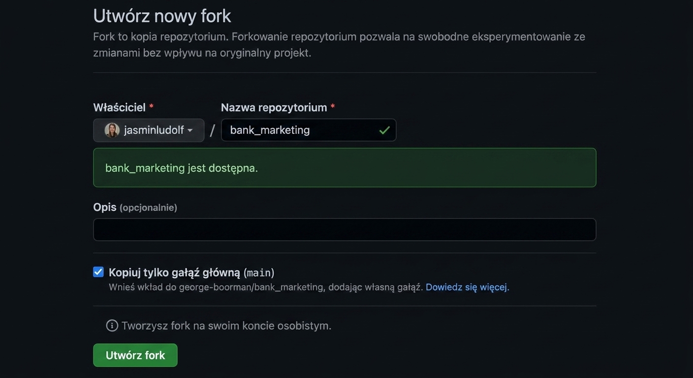 Animacja pokazująca zmianę nazwy sforkowanego repozytorium z bank marketing na bank marketing jasmin.