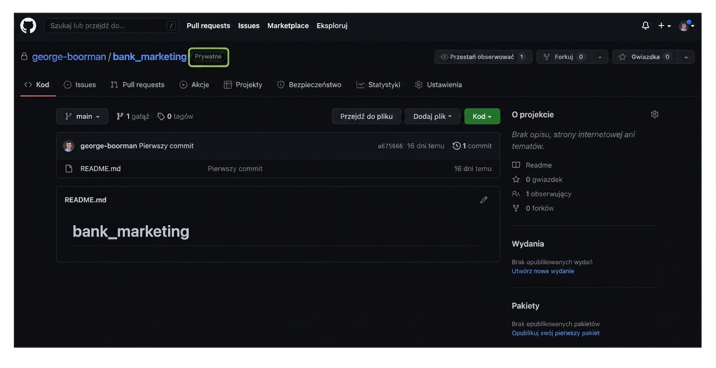 Repozytorium bank marketing z etykietą „Prywatne" obok nazwy