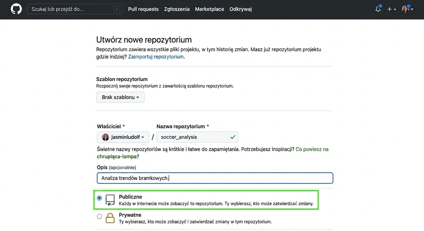 Widok strony tworzenia nowego repozytorium na GitHub z wyróżnioną opcją publiczną