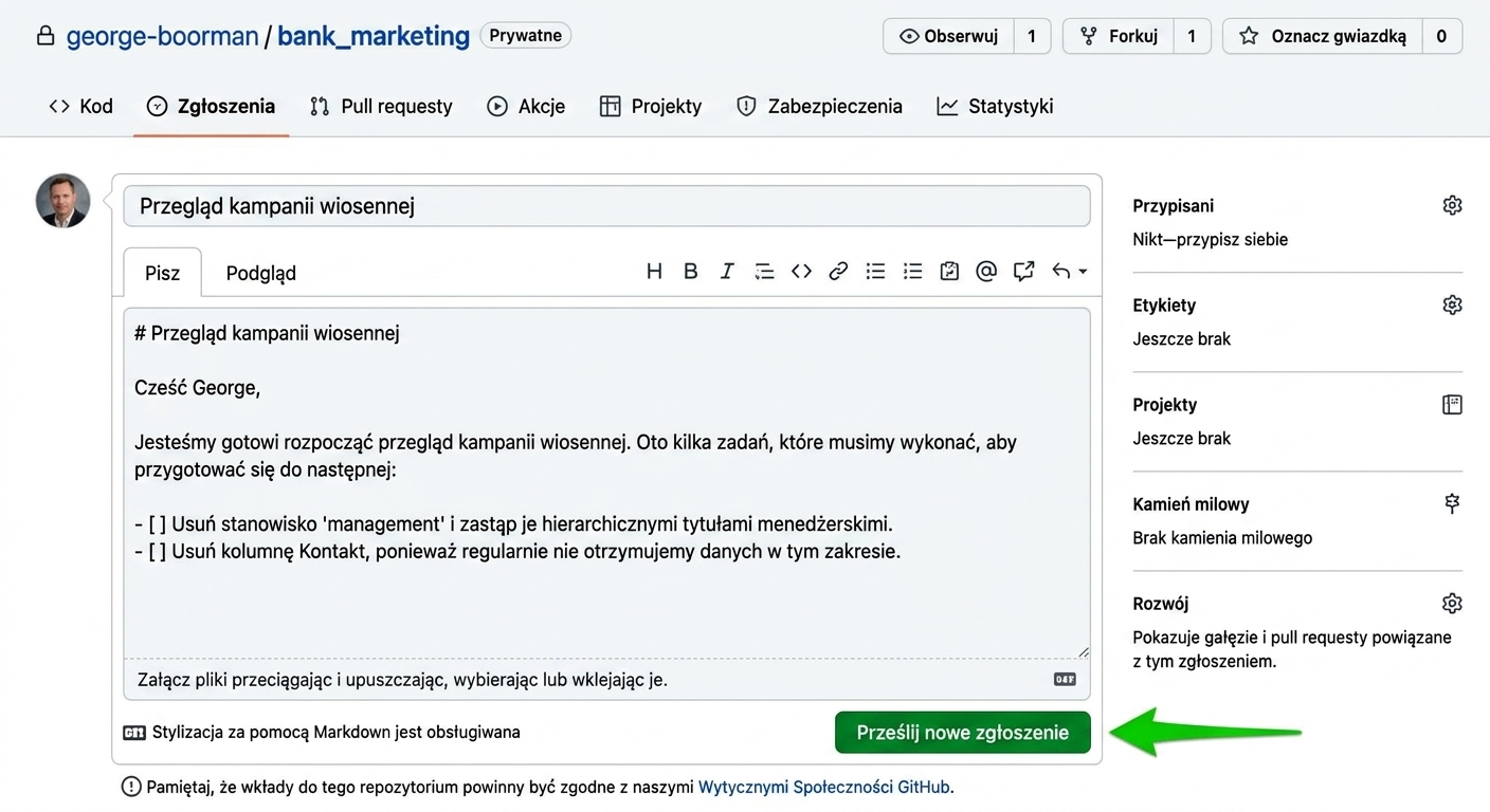 Widok tworzenia nowego problemu z wypełnionym tytułem, treścią i wyróżnionym przyciskiem Submit new issue