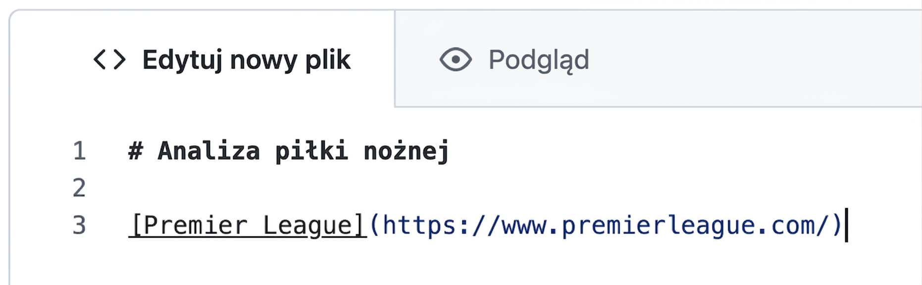 Widok strony edycji pliku Markdown ze składnią hiperłącza
